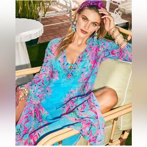 Lilly Pulitzer Frey Long-Sleeved Maxi Multi Seaweed Samba Swim Cover Up S/M NWT